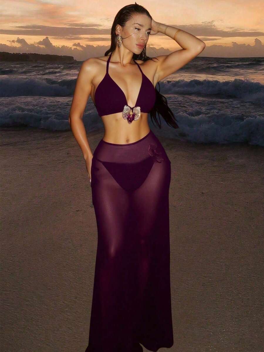 Swim SXY Conjunto de bikini sexy con decoración floral 3D, top halter con lazo, y minifalda y chal para mujer, ideal para el verano y la playa