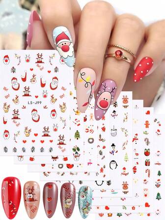 9pcs Christmas Element Nail Stickers And Decals, 3D Santa Claus, Snowman, Reindeer, Christmas Tree, Penguin, Snowflake, Holiday Nail Art Decorations, Self-Adhesive, Suitable For Women And Girls, Glitter, Asymmetrical Shapes, Disposable