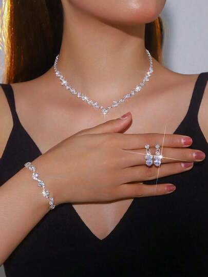 4pcs Elegant Claw Chain Jewelry Set For Women – Includes Zirconia Earrings, Bracelet, Choker Necklace, Perfect Formal Dress Accessories For Weddings, Parties, Or Special Occasions – Stylish Multi-Piece Set To Elevate Your Look