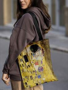 全新帆布手提包，印有古斯塔夫·克里姆特象征主义艺术品，双面，女士单肩包，通勤手提包，可折叠可重复使用购物袋 - 彩色 - 查看 10