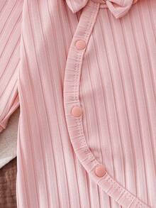 Baby Girl Soft & Skin-Friendly Jumpsuit, Pink, Round Neck Long Sleeve With Ruffle, Bow Decor, Button Front, All Season