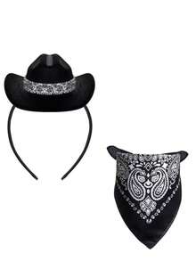 2pcs Cowboy Hat Headband Cowgirl Mini Hat Headbands With Bandana For Women Halloween Birthday Party Favor