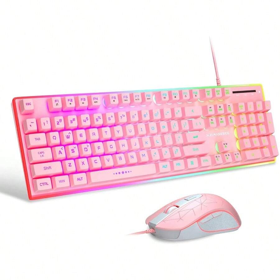 GT838 Gaming Keyboard And Mouse Combo 104 Keys RGB Backlit Quiet Wired Keyboards For Laptop PC  With Number Pad Metal Panel AntiGhosting Pinkgift - 粉色 - 查看 1