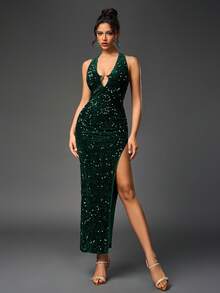 PARTHEA Deep V-Neck Backless Slit Thigh Sequin Velvet Maxi Dress - Green - View 8