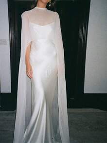 Chiffon Cape For Women Sheer Mesh Shawl Wraps Asymmetrical Flowy Capelets For Evening Dress Crop Cover Up Poncho With High Waisted Pants - 白色 - 查看 5