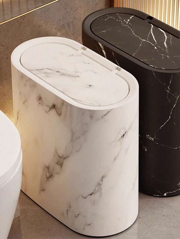 1 pieza Papelera de baño delgada con diseño de patrón de mármol clásico, con pedal, adecuada para espacios estrechos en la sala de estar, cocina y baño