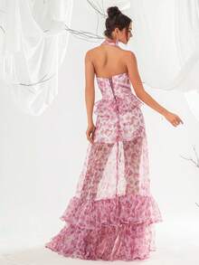 VIPGIRL Elegant Women's Pink Floral Spaghetti Strap Multi-Layer Tulle Backless Maxi Dress, Exquisite Evening Gown, Suitable For Formal Occasions - Pink - View 2