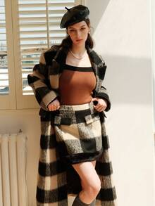 Women's Plaid Patchwork Fuzzy Elegant Short Skirt, Autumn/Winter - Black - View 2