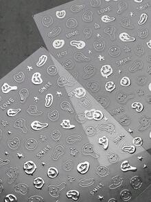 Beautizon Nailartlab 1pc 3D Silver Nail Art Sticker Decals, Rhinestone Melting Smiling Face Nail Stickers, Halloween Nail Decals Transfers