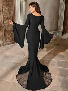 Vestido largo de sirena negro gótico para mujer, vestido formal con cuello en V, mangas acampanadas y parches de encaje, adecuado para disfraces de bruja gótica, vampiro de Halloween