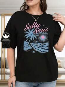 Camiseta casual de mujer, 100% algodón, con estampado gráfico de playa y océano, camiseta de manga corta con cuello redondo casual y cómoda, ropa de primavera y verano, adecuada para cualquier ocasión, color sólido, casual, uso diario. - Negro - Ver 1