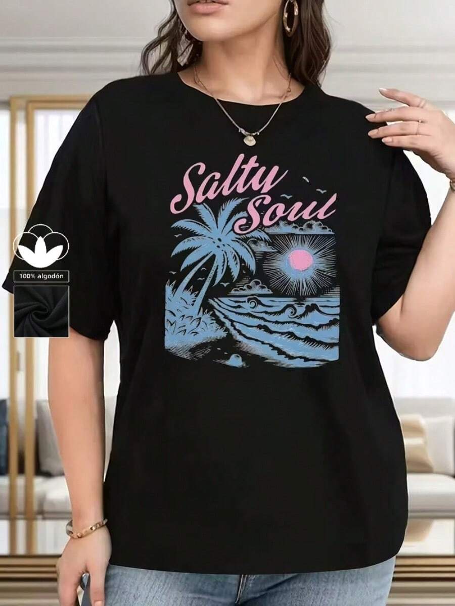 Camiseta casual de mujer, 100% algodón, con estampado gráfico de playa y océano, camiseta de manga corta con cuello redondo casual y cómoda, ropa de primavera y verano, adecuada para cualquier ocasión, color sólido, casual, uso diario. - Negro - Ver 1