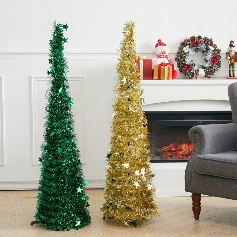LIVINGANDHOME Living And Home Collapsible 1.2M Pop Up Tinsel Christmas Tree With Base,Christmas Decoration,Xmas Decor Tree - Green - View 1