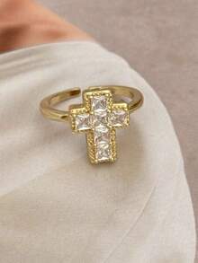 1pc Minimalist Gold Cross Open Ring For Women, Copper Inlaid With Zirconia, Personalized Religious Jewelry, Suitable For Daily Wear/Religious Believers