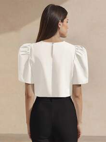 Amyenjoylife Modern Filipiniana Blouse,Sleek Irregular Hem Solid Shirt,Simple And Elegant Bubble Sleeve Round Neck Pullover, Irregular Hem Shirt,Filipiniana Inspired Top,Thanksgiving White Top - White - View 2