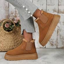 Women'S Cozy Fleece-Lined Chunky Heel Ankle Boots - Brown Pull-On Winter Boots With Thick Rubber Sole, Round Toe & Side Zipper For Casual & Formal Outfits, Winter Boots, Formal Footwear, Sleek Boot Design, Durable Footwear Quality - Khaki - View 3