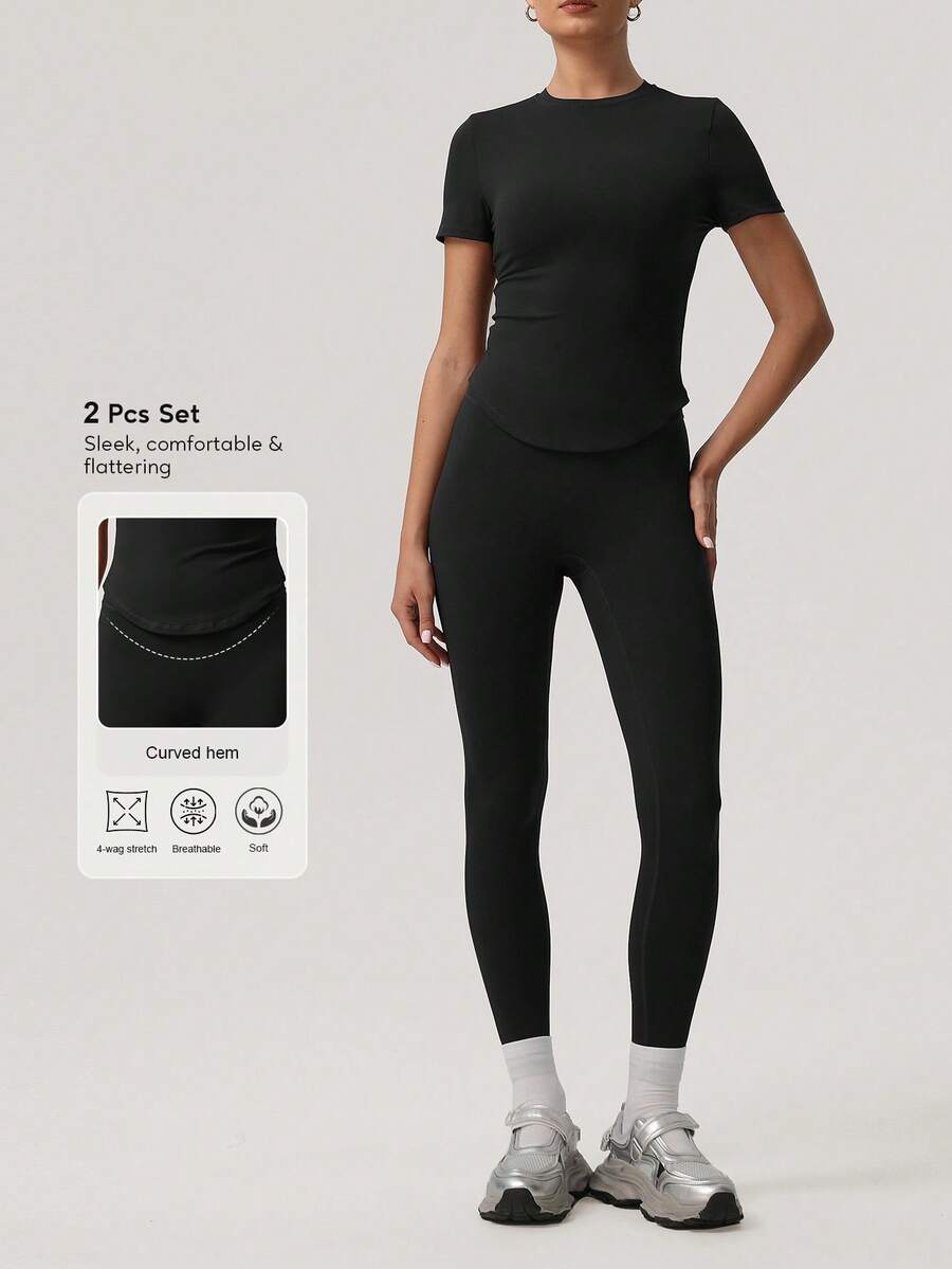 Sodalemon Women Sport Sets Solid Color T-Shirt No Front Seam Classic Design Yoga Leggings Outdoor Run Training Fitness Set - 黑色 - 查看 1