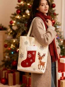 Customized Christmas Deer Women's One Shoulder Canvas Tote Bag - Multicolor - View 6