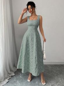 Vestido jacquard elegante e requintado com alças largas, textura floral, comprimento médio justo, estilo casual para férias - Verde - Visão 5