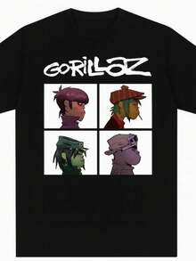 Music Band Gorillazs Punk Rock Print T Shirt 90s Casual Fashion Short Sleeve Plus Size T Shirt Unise - 黑色 - 查看 1