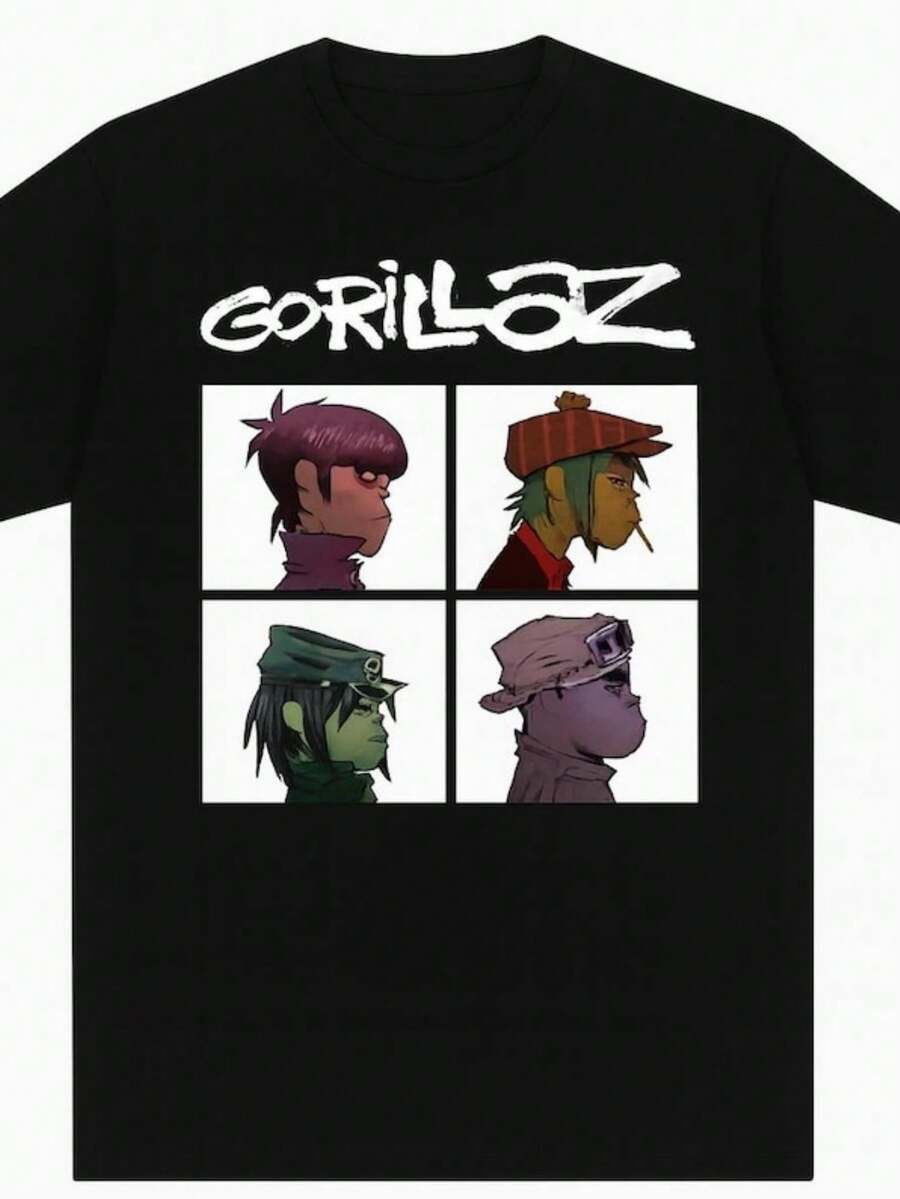 Music Band Gorillazs Punk Rock Print T Shirt 90s Casual Fashion Short Sleeve Plus Size T Shirt Unise - 黑色 - 查看 1