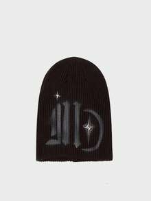 1顶复古街头风字母月亮印花保暖针织帽，男女通用，秋冬季（注意：手绘图案不建议水洗）