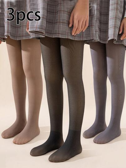 3双装儿童不透明连裤袜，黑色保暖透气内衬打底裤，适合女孩秋冬季穿着