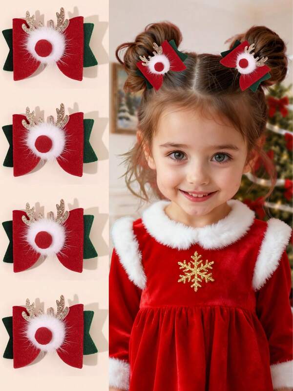 2 Stücke Weihnachts-Haarclips mit roten Schleifen für Mädchen, glitzernde Weihnachts-Rentier-Dekor-Haarschleifen-Clips für Kinder, modische Haaraccessoires als Geschenke für Kleinkinder-Partys