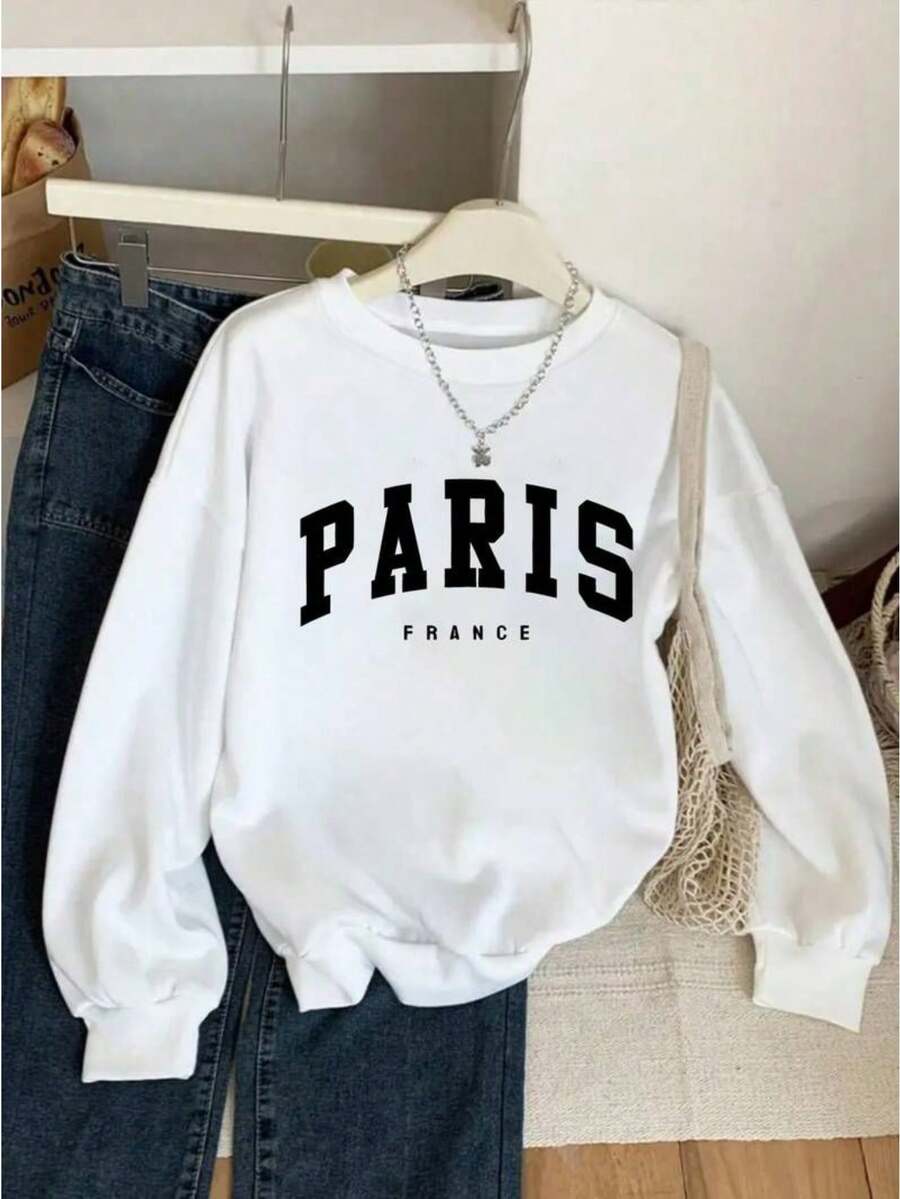 Sudadera casual para mujer con estampado de letras PARIS, textura suave, ajuste holgado, cuello redondo, manga larga, otoño/invierno, ideal para calle, sudadera - Blanco - Ver 1