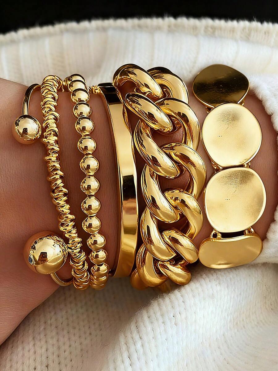 五合一复古朋克风格轻质 CCB 串珠手链、链式手镯、弹性圆盘手链套装，适合女性日常佩戴、派对、约会、度假、叠戴、节日礼物 - 金色 - 查看 1