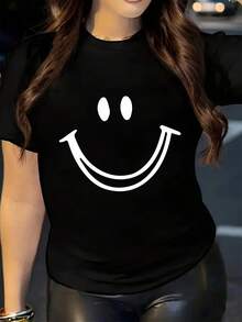 Women's Casual Joyful Face Print Round Neck Short Sleeve T-Shirt - Black With White Graphic, Soft Breathable Fabric, Machine Washable, Spring Summer Fall Casual Attire, Cute Shirt, Versatile Top, Playful Design, Lightweight Tee, Graphic Tee,  Shoppers - 黑色 - 查看 1