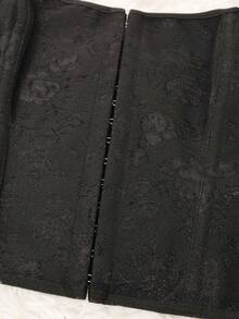 Y2K 束胸提花图案黑色女式方领紧身胸衣吊带背心，前钩前系带露背可爱宽肩带短款背心，休闲日常舒适外出装万圣节服装 - 黑色 - 查看 3