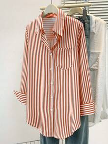 女士休闲基本款条纹尖领长袖衬衫上衣，带纽扣口袋，日常办公室穿着秋冬春装​
