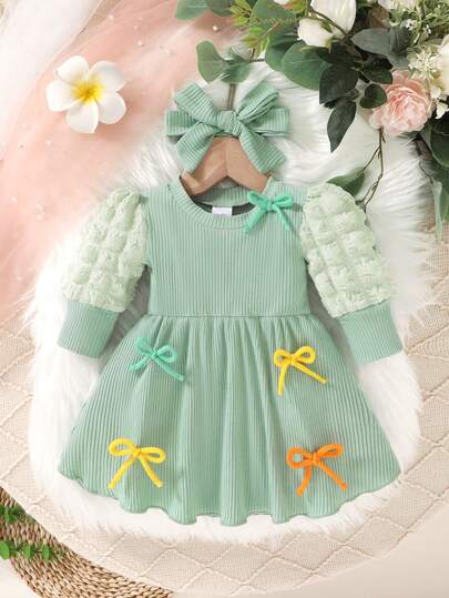 2 Stücke Set, lässig, elegant, süß, niedlich, bunte Schleifendekor, Puffärmel, Rüschensaum, Rundhalsausschnitt, langärmliges Kleid und Stirnband, weiches und bequemes Baby-Mädchen-Kleid, Baby-Mädchen-Kleidung, Kleinkind-Mädchen-Outfit, geeignet für den Alltag, Urlaub, Party, Fotografie