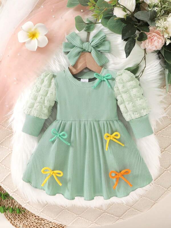 2pcs Set Casual Elegant Sweet Cute Colorful Bow Decor Puff Sleeve Ruffle Hem Round Neck Long Sleeve Dress & Headband, Soft & Comfortable Baby Girl Dress, Baby Girl Clothing, Toddler Girl Outfit, Suitable For Daily, Vacation, Party, Photography