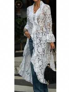 Women Lace Mesh Flowy Maxi Top Tie Front Kimono Cardigan Sheer Long Sleeve Ruffled Lace Duster Layering Shirt Cover Up - White - View 4