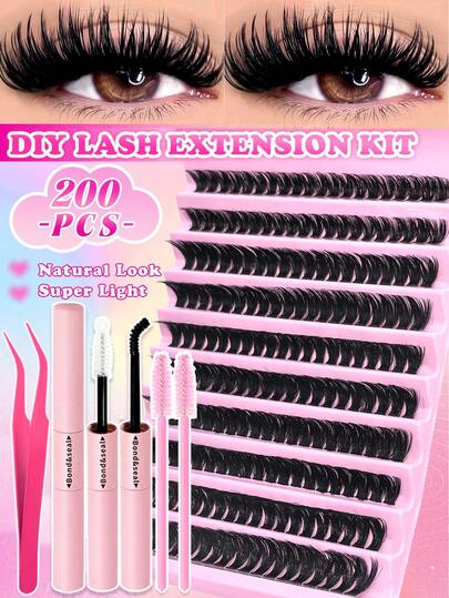 200 件蓬松簇状睫毛 - D 卷曲混合长度 8-16 毫米，包括密封和粘合剂、镊子和刷子，可在家中获得沙龙效果，纤细自然的外观个人睫毛，可重复使用的 DIY 延长，轻巧且适合初学者，可打造丰盈效果，猫/娃娃/俄罗斯风格，在家使用