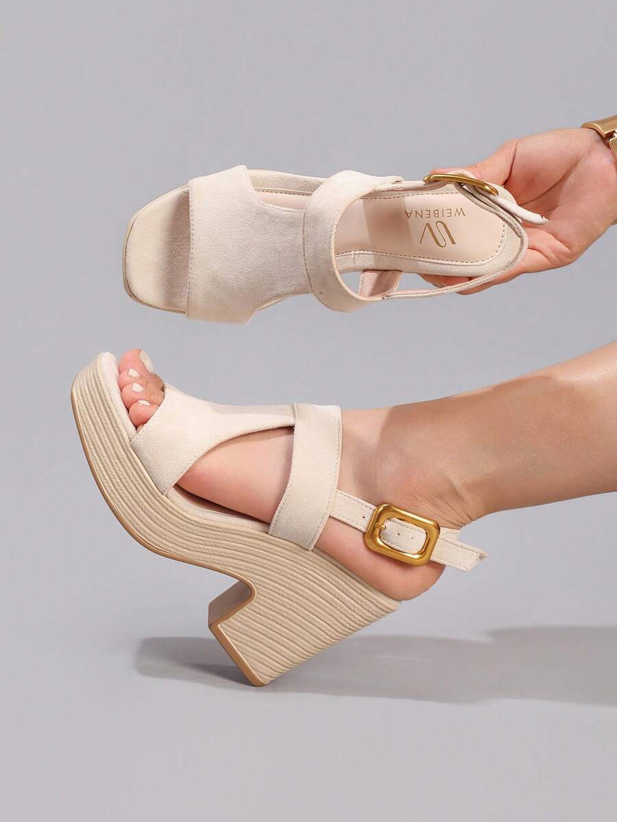 女士厚底坡跟高跟露趾凉鞋，优雅防水粗跟休闲拖鞋，日常时尚绒面杏色鞋