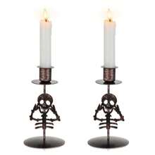 Candle Holder For Halloween Decor: Set Of 2 Black Gothic Skull Taper Candlestick Table Centerpiece Decorations Spooky Party Dinning Room Home Indoor - Black - View 1