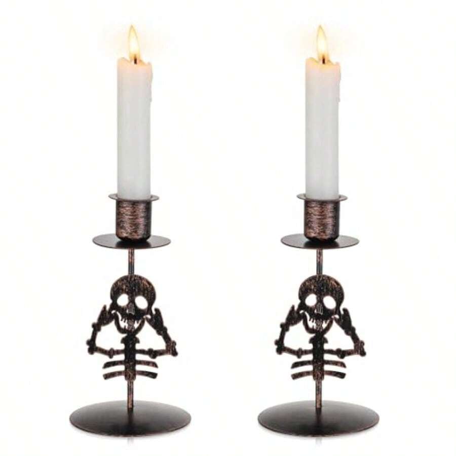 Candle Holder For Halloween Decor: Set Of 2 Black Gothic Skull Taper Candlestick Table Centerpiece Decorations Spooky Party Dinning Room Home Indoor - Black - View 1