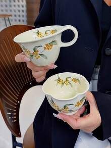 230/250ml 秋桂花釉陶瓷咖啡杯，高品质手工桂花拿铁杯、茶杯、大师杯，宽口复古手绘陶瓷马克杯，釉面咖啡杯、茶杯、浓缩咖啡杯，送给学生、毕业、女性生日的绝佳礼物 - 彩色 - 查看 3