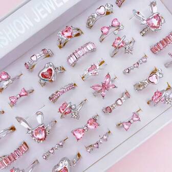 10 st/set lyxiga ringar i glasinläggning i legering för kvinnor, söt och elegant rosett, hjärtformade blandade stilar, öppningsbara ringar för fest, bröllop, vardagskläder, modesmycken, bästa presenten, slumpmässigt sortiment