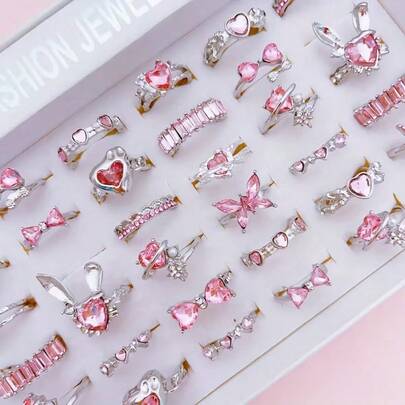 10pcs/Set Luxury Glass Inlaid Alloy Women's Ring Set, Cute & Elegant Bow, Heart Mixed Styles, Openable Rings For Party, Wedding, Daily Wear, Fashion Jewelry, Best Gift, Random Assortment