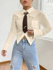 Women's Striped/White/Black Asymmetrical Hem Shirt With Tie: It Combines Vintage Western, Retro, And Casual Styles, And Is Very Suitable For Fashionable Women In Daily And Dating Occasions, As Well As For Students Returning To School And Campus Parties. - 杏色 - 查看 2