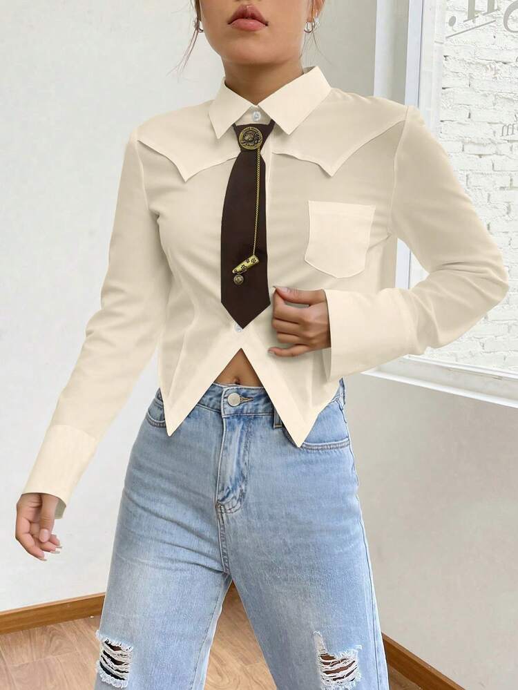Women's Striped/White/Black Asymmetrical Hem Shirt With Tie: It Combines Vintage Western, Retro, And Casual Styles, And Is Very Suitable For Fashionable Women In Daily And Dating Occasions, As Well As For Students Returning To School And Campus Parties. - 杏色 - 查看 2