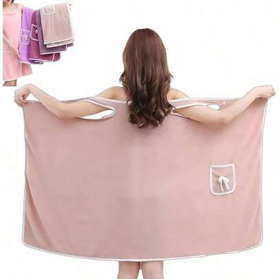 1 pieza Toalla de baño para mujer (Tamaño: 80cm X 135cm), Bata de playa/Bata de spa/Bata de baño, Toalla de ducha/Toalla de gimnasio, Juego de toallas para mujer, Bata de felpa de coral ultra suave con bolsillo con lazo lindo para mujer, Vestido de toalla de estar en casa, Disponible en varios colores, Prendas de vestir de felpa cómodas, Toalla vestible