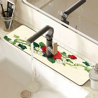 1pc Rose Vine Faucet Splash Mat - Absorbent, Anti-Moisture, Anti-Slip Rubber Mat, Elegant Floral Art, Suitable For Kitchen Countertop And Bathroom Sink, Decorative Splash Guard, Vivid Animal Design, Bathroom Sink Accessory | Decorative Faucet Mat | Durable Faucet Sink Mat