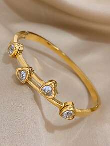 18K Gold Plated Stainless Steel Luxury Elegant Heart & Diamond Accent Bangle Bracelet Set For Women, Sweet Romantic Jewelry Mom Gift Christmas Thanksgiving Halloween Wedding Rave/Prom/Party/Daily Accessories Gift For Anniversary Valentine's Day Boho Jewelry Birthday Bridesmaid Gifts