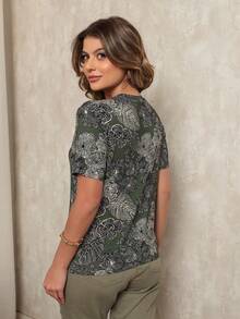Dellamarca Women's Fashion Print Short Sleeve Blouse. Comfortable Fabric. Fashion - 墨綠色 - 查看 3