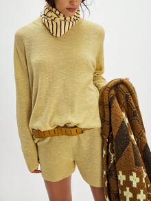 Women's Knit Shorts Set Fashionable Solid Color Long Sleeve Loose Sweater With Shorts 2 Pcs Outfits - màu ngọc lam - Xem 1